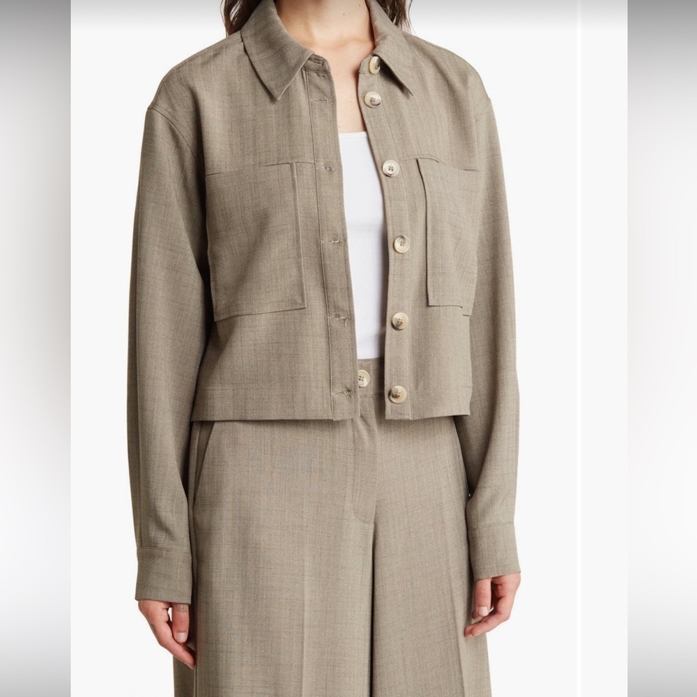 Adrianna Papell Utility Jacket Fade Olive Ivory Shadow Stripe Size Large EUC